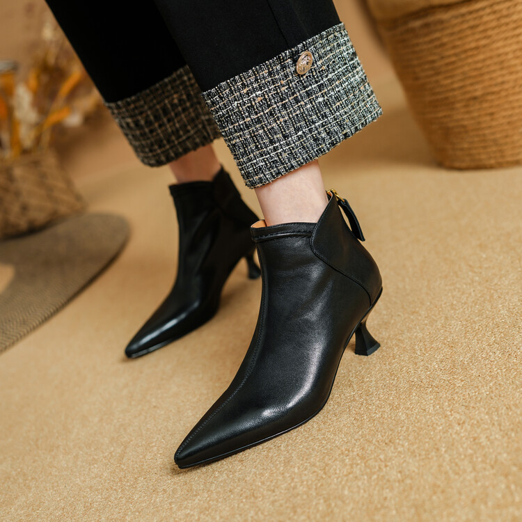 5.5CM真皮时尚通勤及踝靴秋冬复古百搭尖头不累脚中跟瘦瘦靴