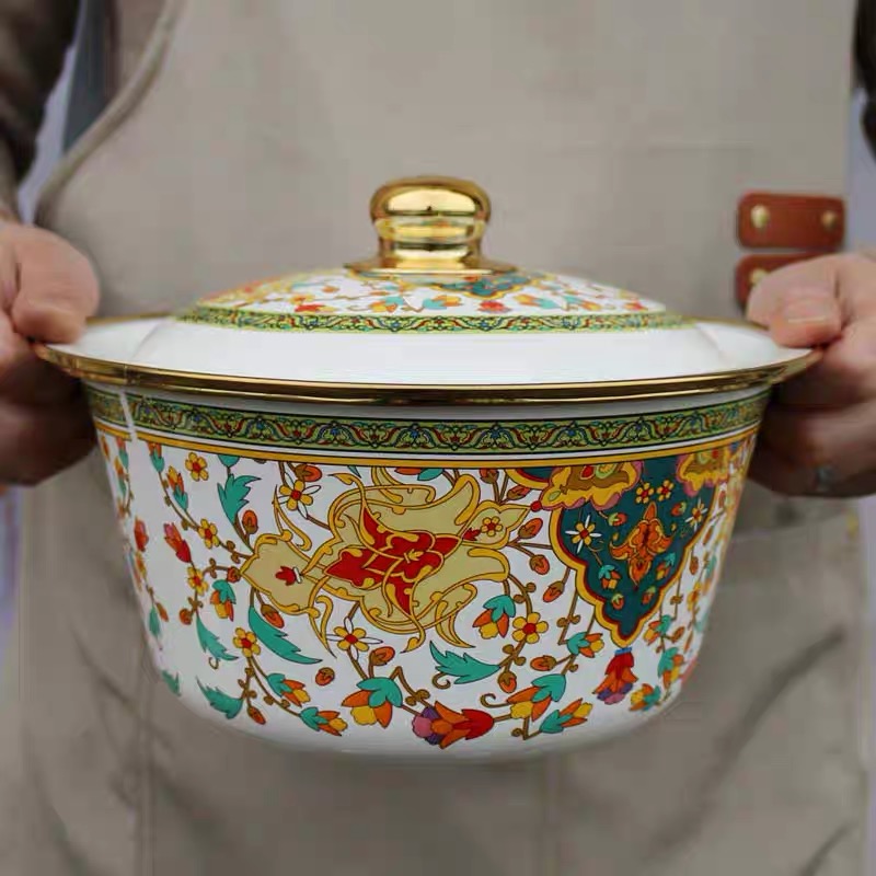 20cm俄罗斯猪油盆加厚搪瓷带盖搪瓷碗和面盆饺子馅盆带盖深汤盆