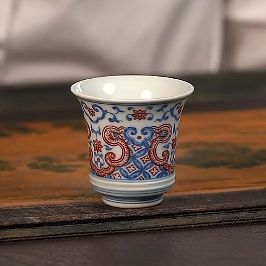 【品遗敬仁】贵红窑青花釉里红如意闻香杯70cc 口径6.1 高5.8cm