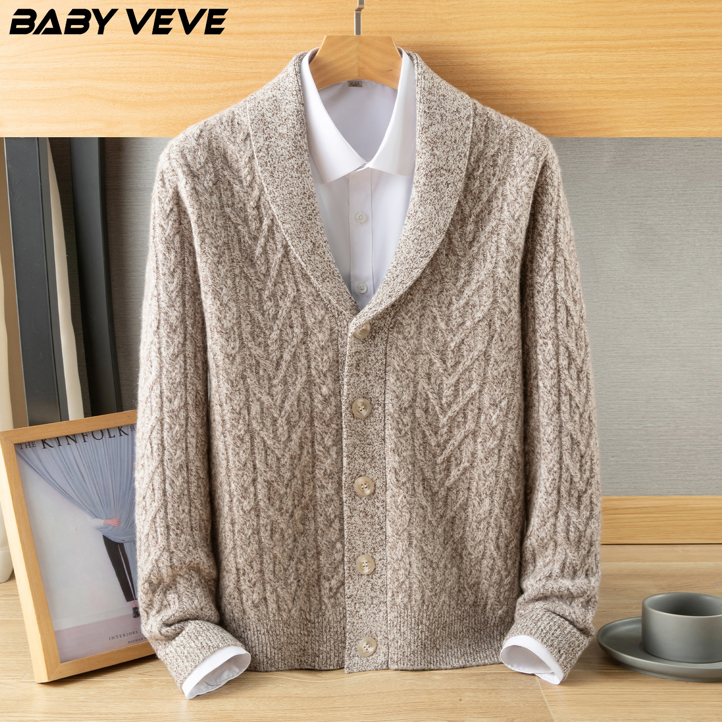 2025新羊绒开衫男V领加厚款秋冬季花纱针织毛衣中年男士保暖外套