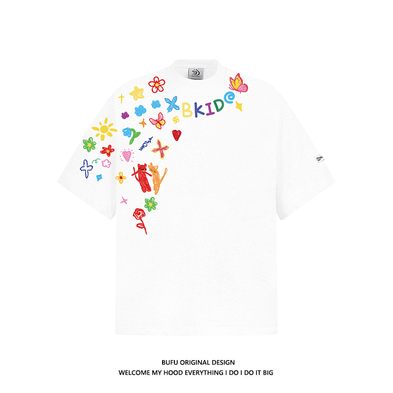 亿万少年BUFU潮牌手绘涂鸦短袖T恤男女夏季情侣款美式高街半袖tee