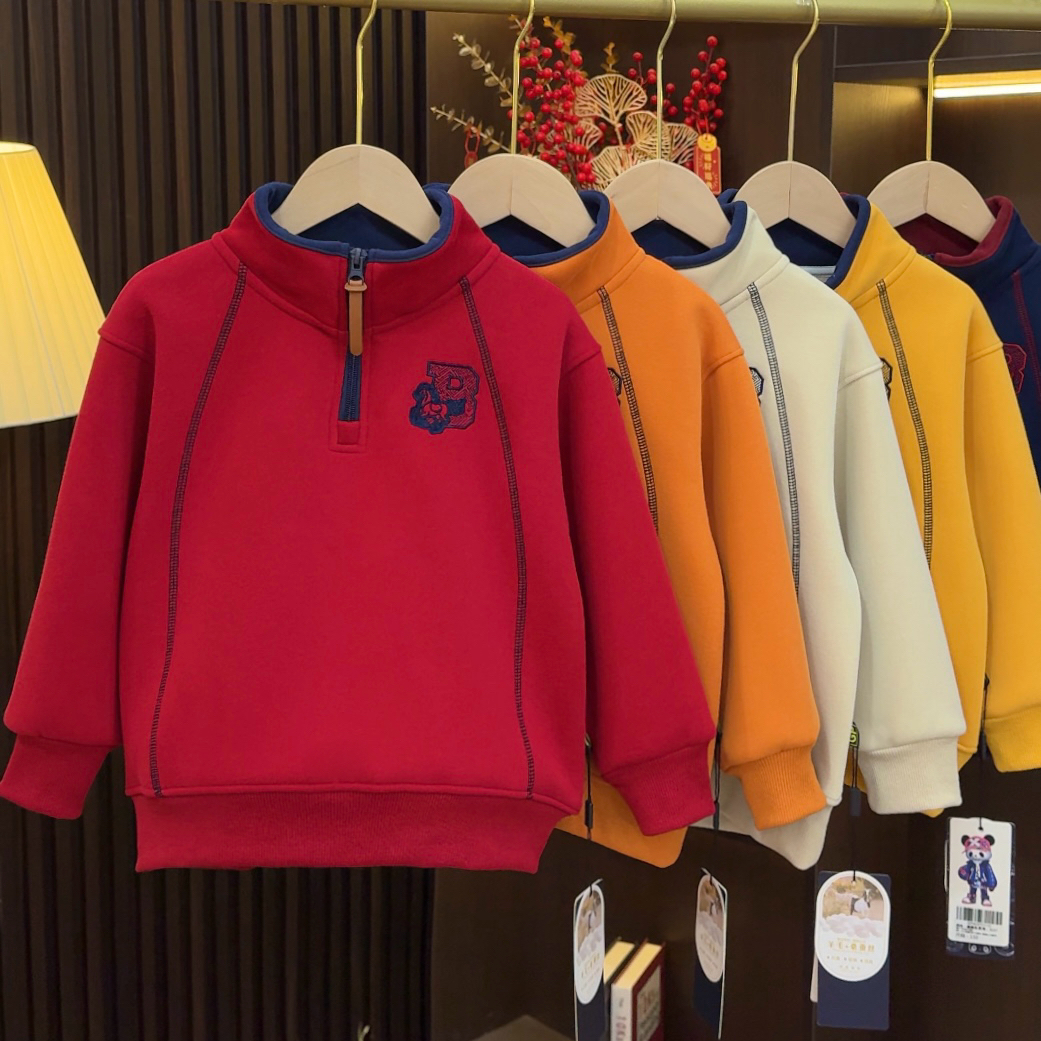 儿童拜年服冬新款男童新年款蚕丝羊毛卫衣中大童刺绣字母上衣3037