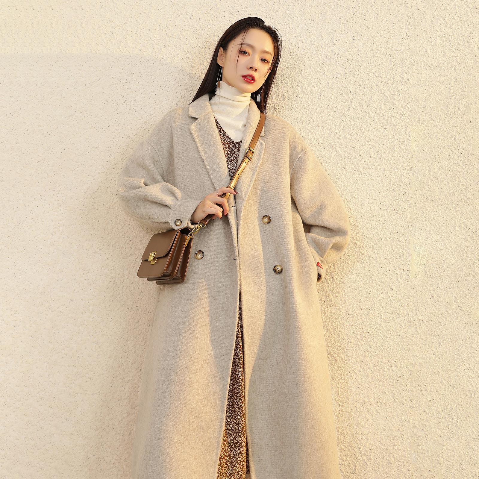 燕麦色双面羊毛大衣女中长版2024年新款高端秋冬爆款毛呢西装外套