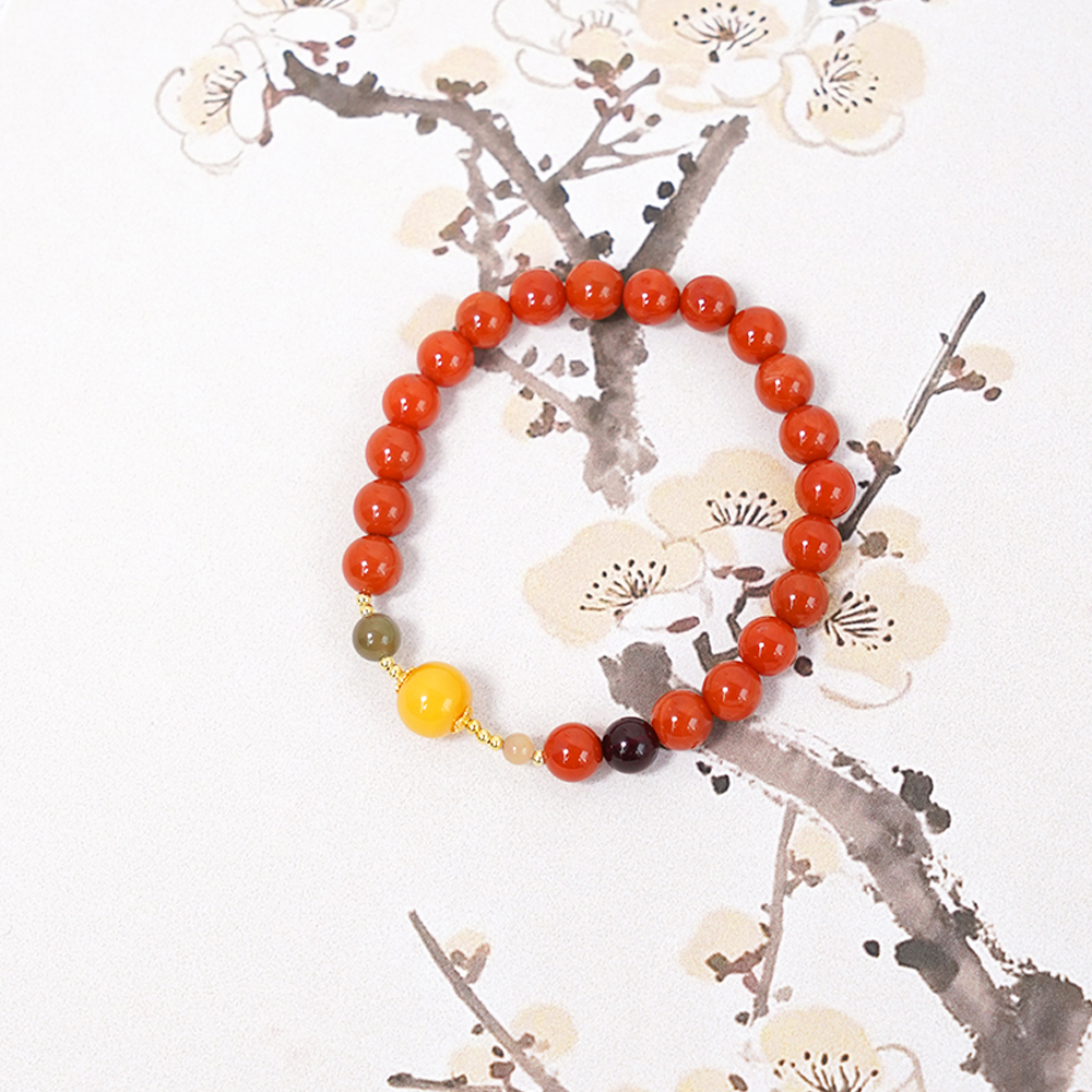 天然川料九口南红柿红满色满肉单圈蜜蜡手串QF-A464（多样性发一）