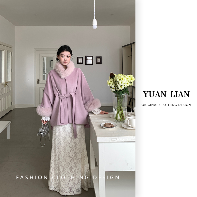 ZOZ糕冷圆脸[娇贵女主]毛领绵羊毛呢子大衣显瘦秋冬新款富家千金