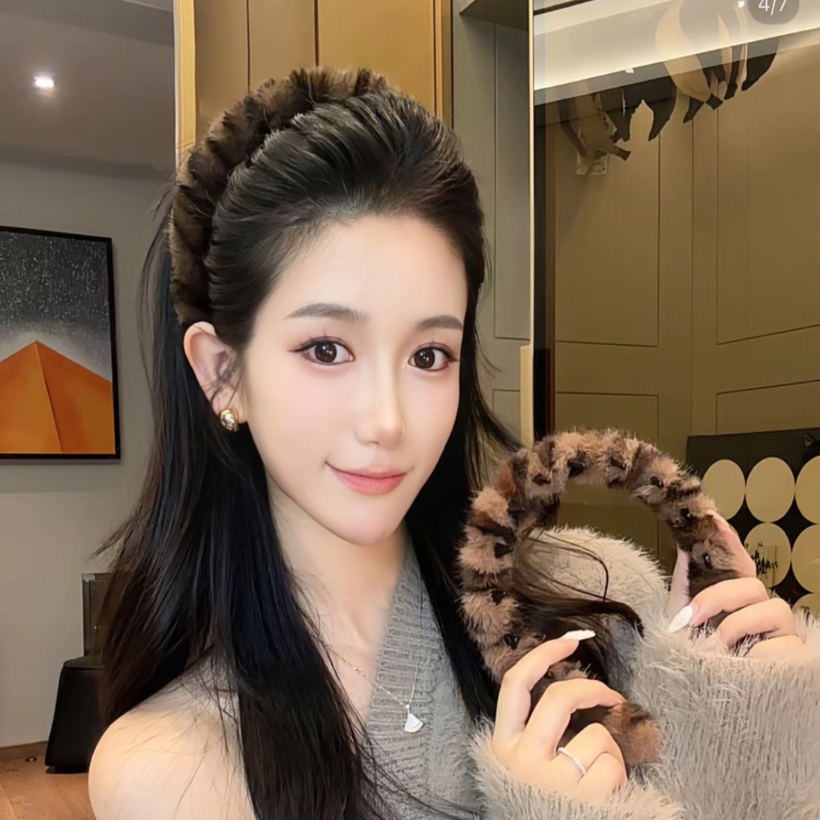 少女风女日韩复古风欧美风发箍秋冬抓夹豹纹毛茸茸气质