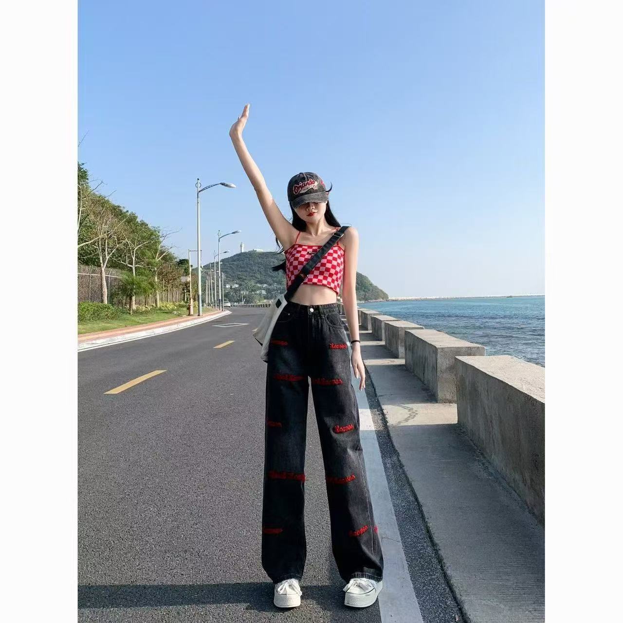 冬季加绒加厚刺绣直筒牛仔女裤显瘦保暖