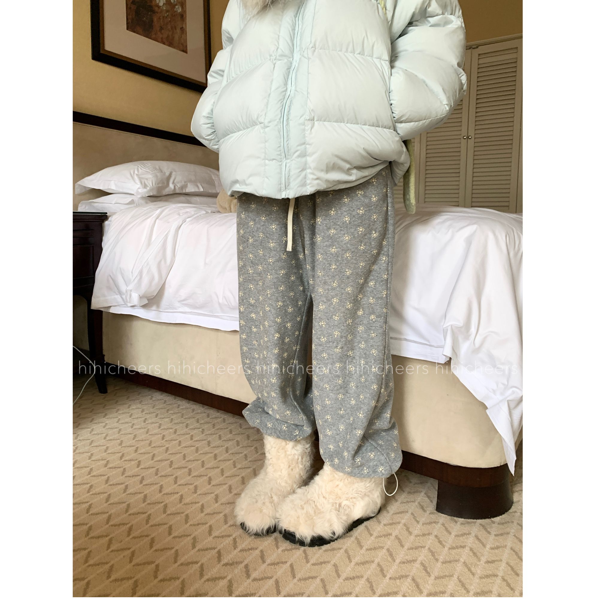 嗨嗨干杯 冬日慢跑  百搭韩系碎花可调节裤脚摇粒绒加绒卫裤