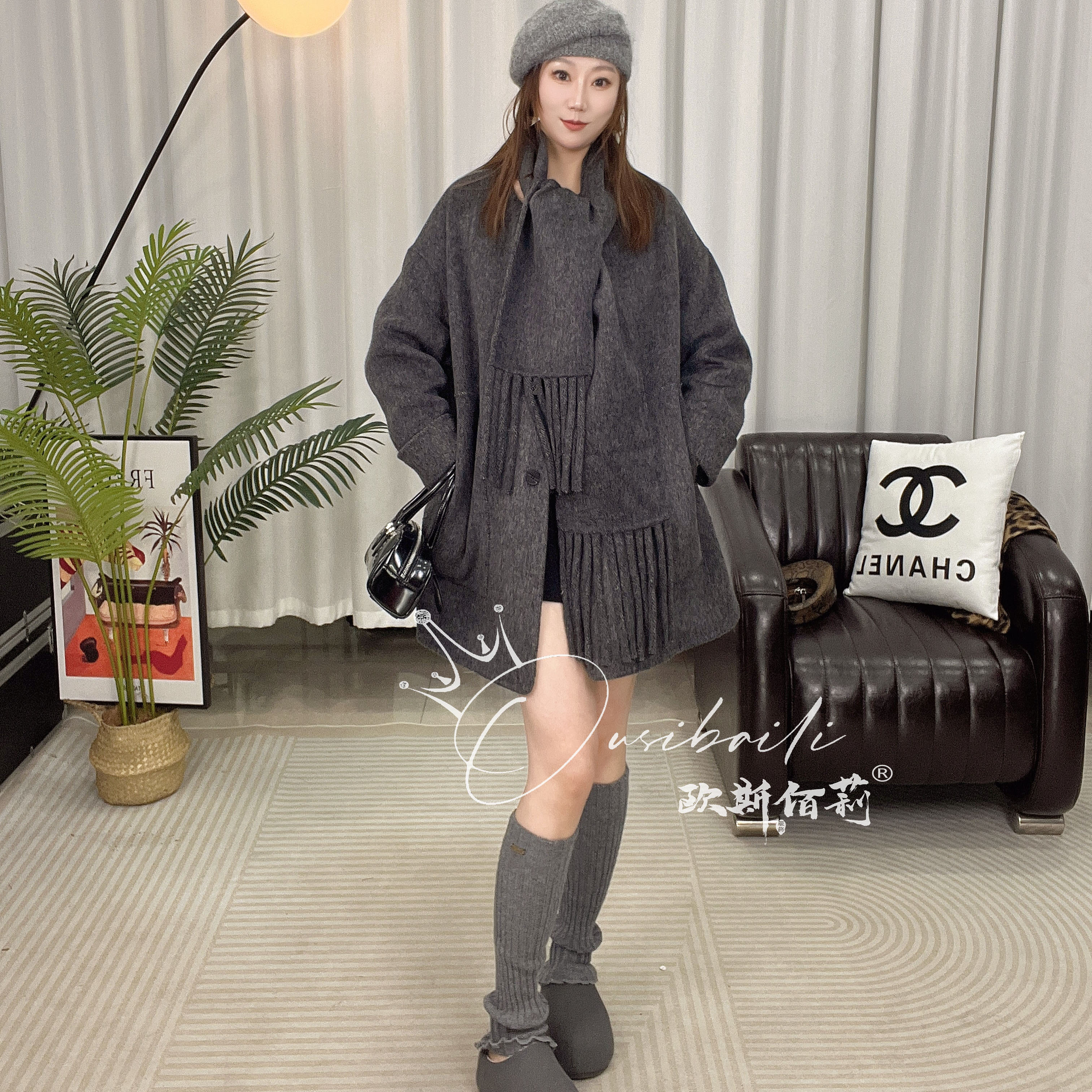 【璀璨丽韵】双面羊毛大衣女加厚小个子中长款带围巾羊毛呢外套8350