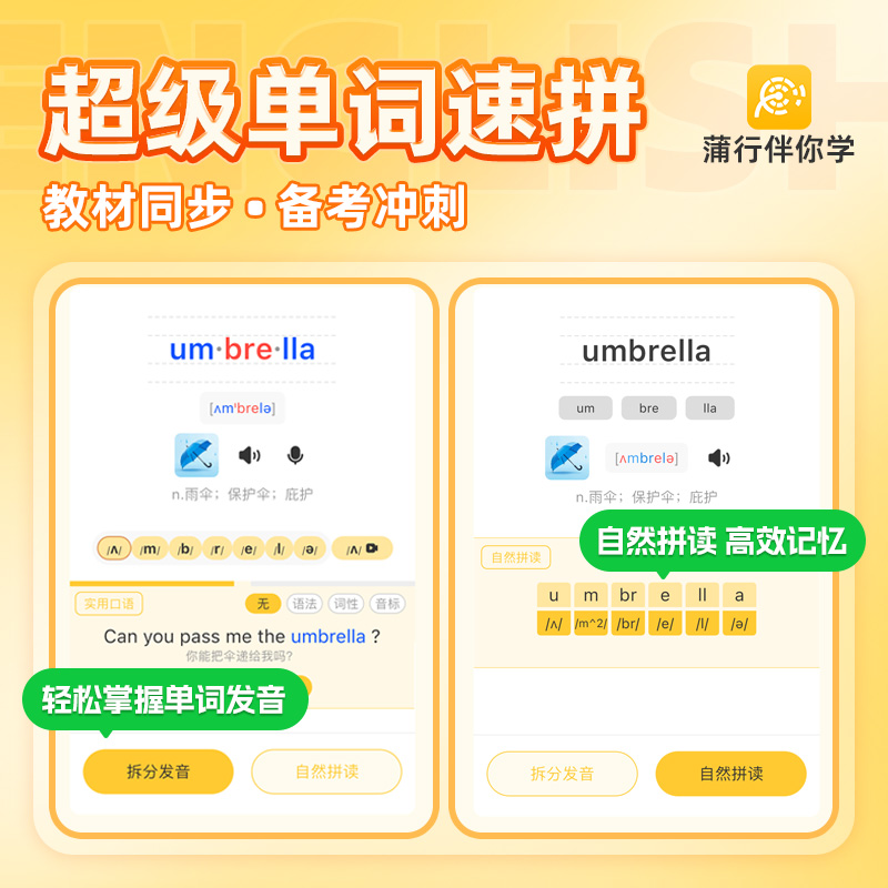 蒲行单词速记 同步教材超级单词书 自然拼读拆分音节艾宾浩斯记忆