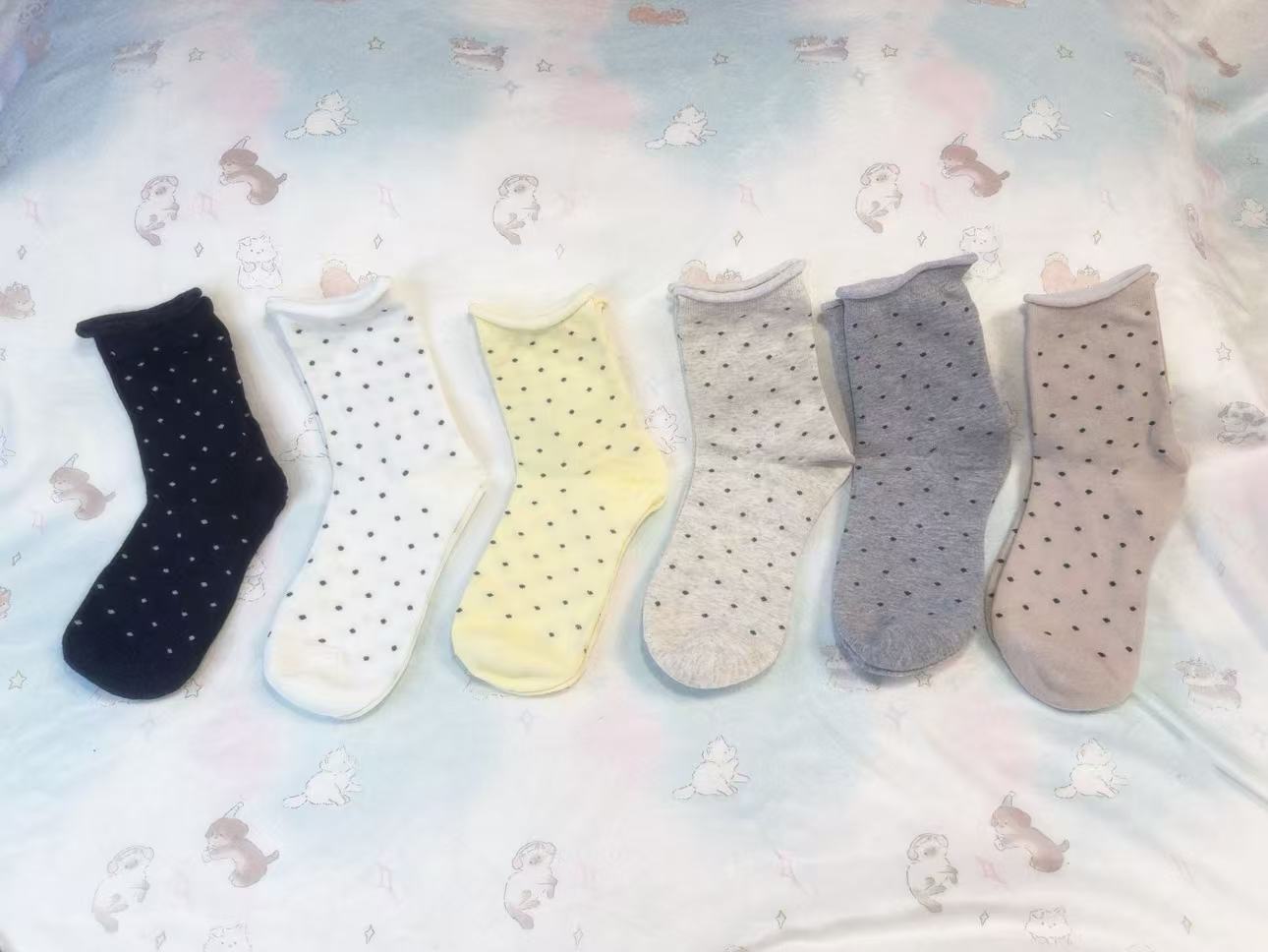 棉袜冬季中筒卷边保暖波点厚款中筒袜防汗透气防勾丝日常基础百搭