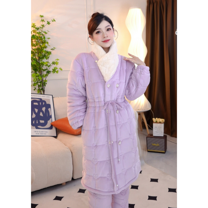冬季上新《繁花紫》三层夹棉加绒加厚保暖睡衣套装家居服