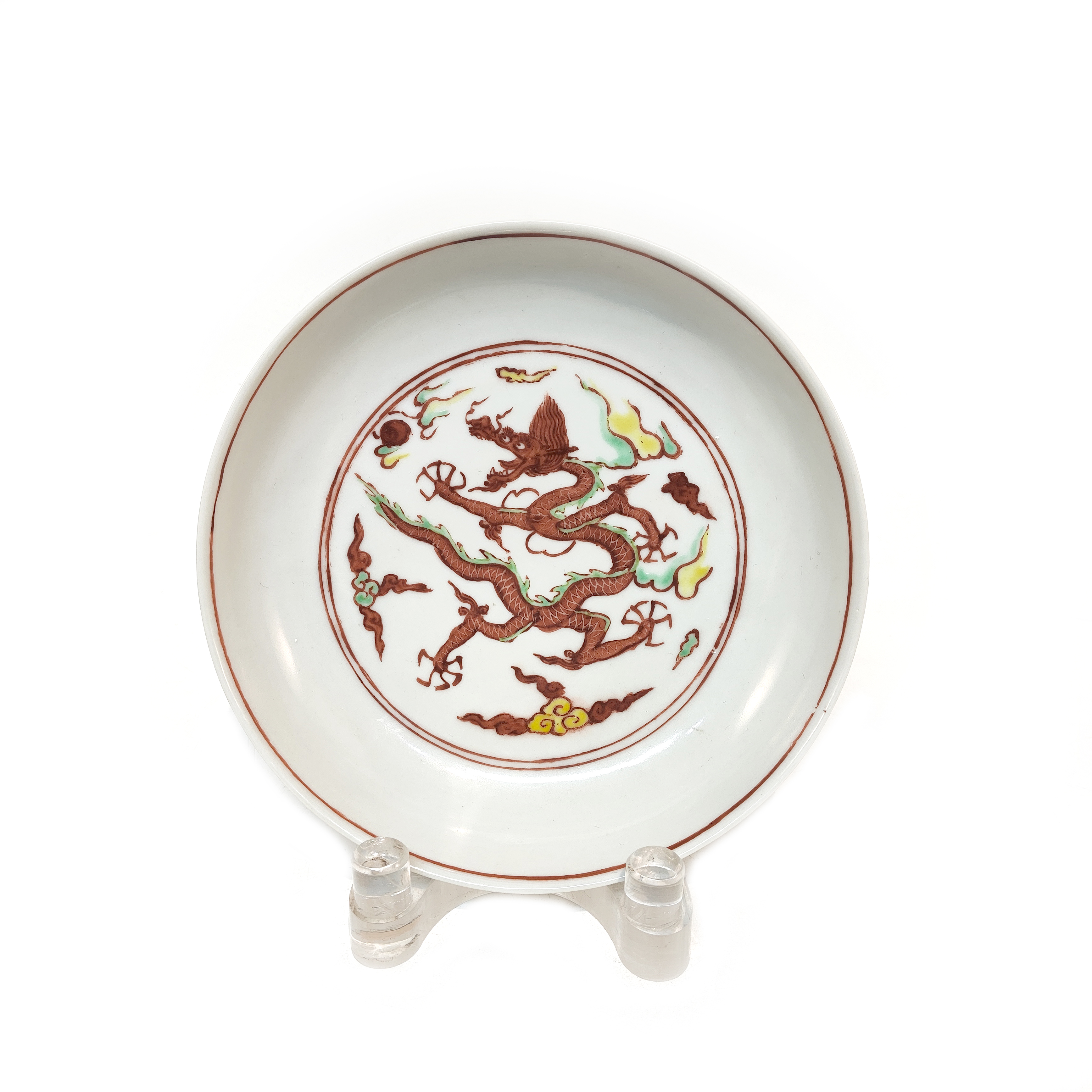 (AD6)Q108826清康熙红绿彩龙纹盘 古董瓷器