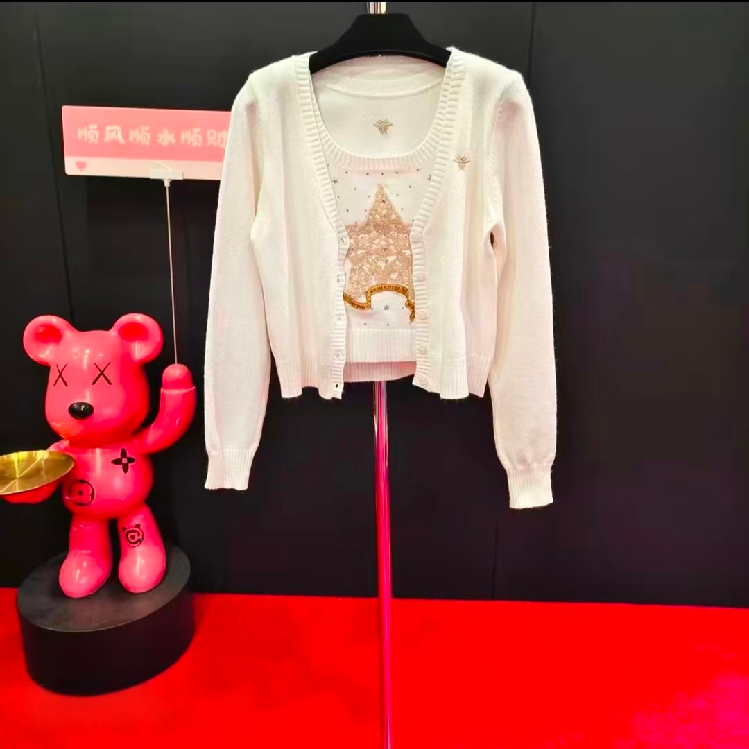 +163新款时尚烫钻五角星针织开衫两件套时尚百搭秋冬