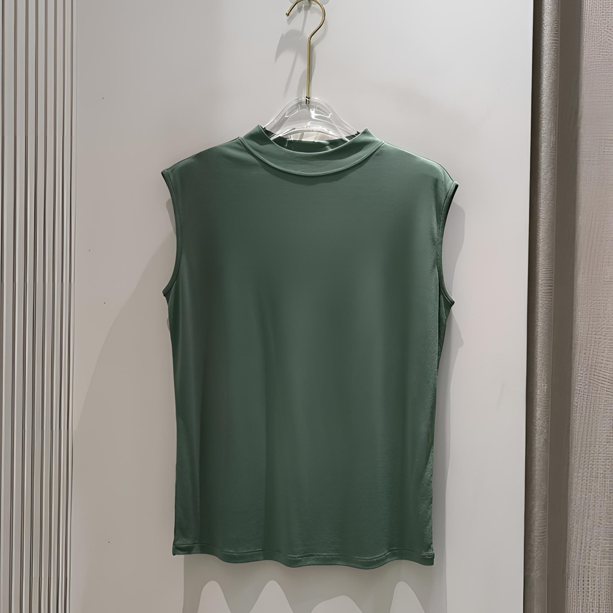 瑕疵款~桑蚕丝加捻真丝针织修身型半高领套头款无袖内搭背心