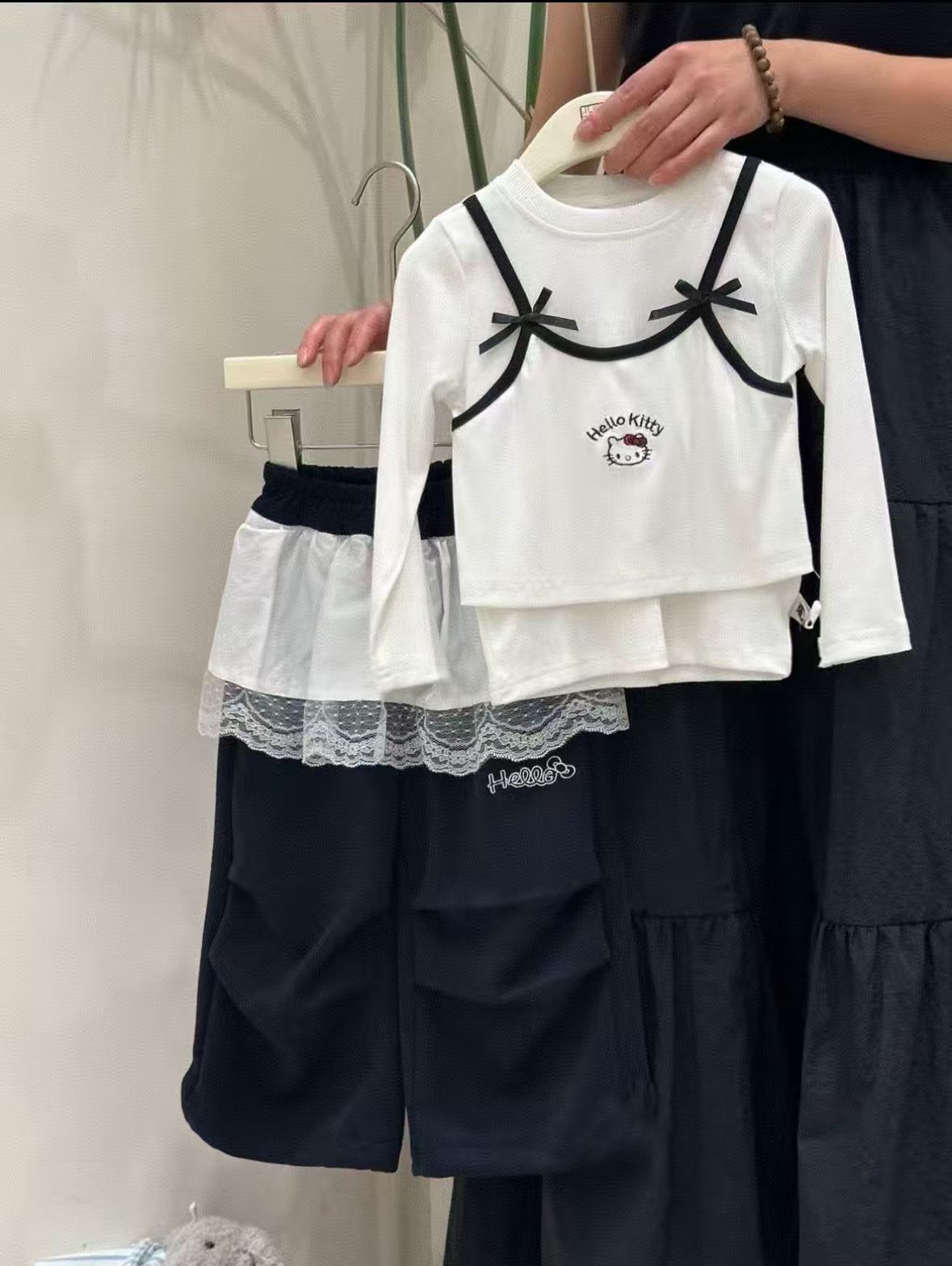 56014秋季新款上衣假两件短款花边百搭高级感叠穿屁帘套装女童