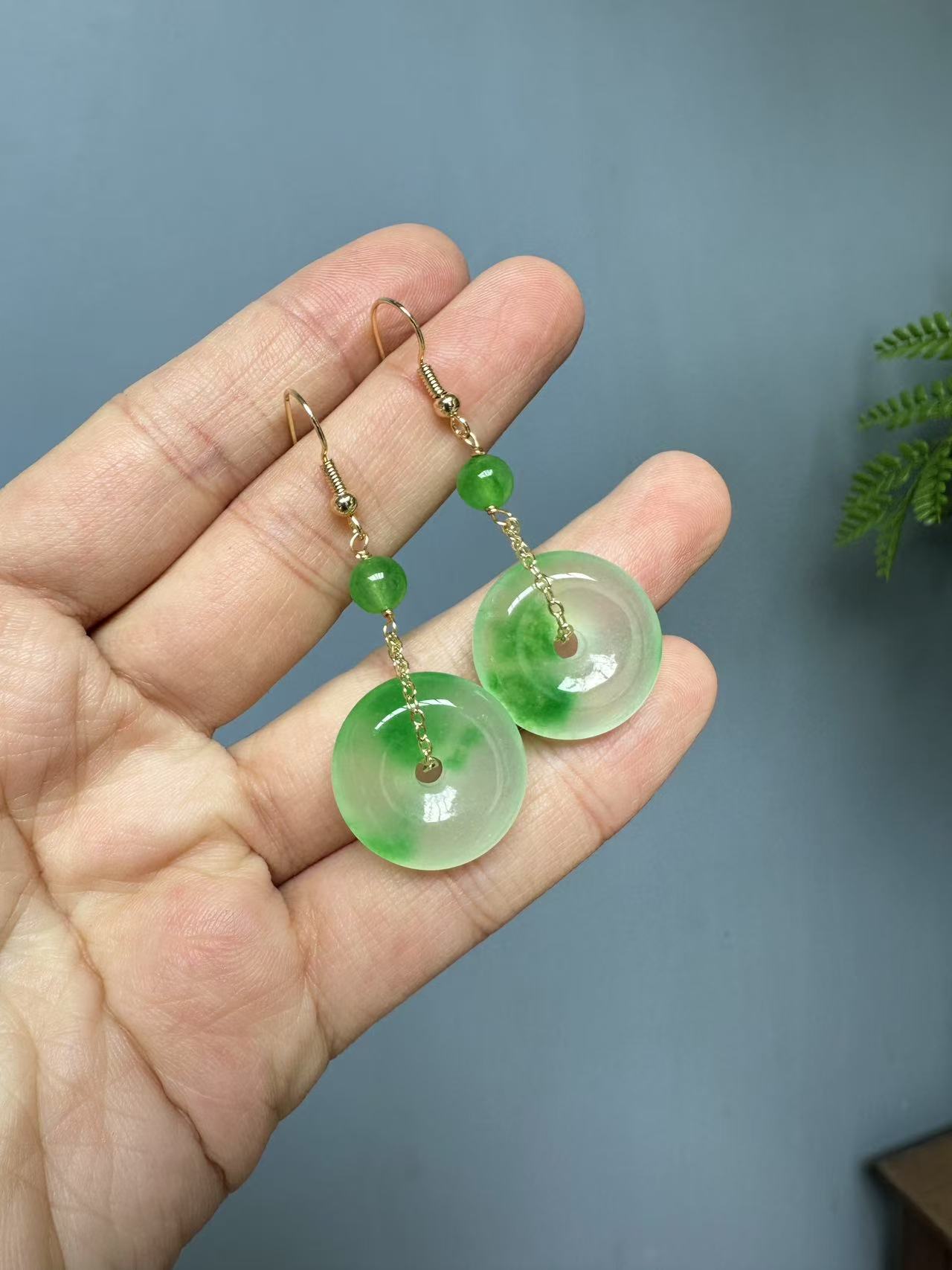 翡翠飘花14k平安扣耳钩