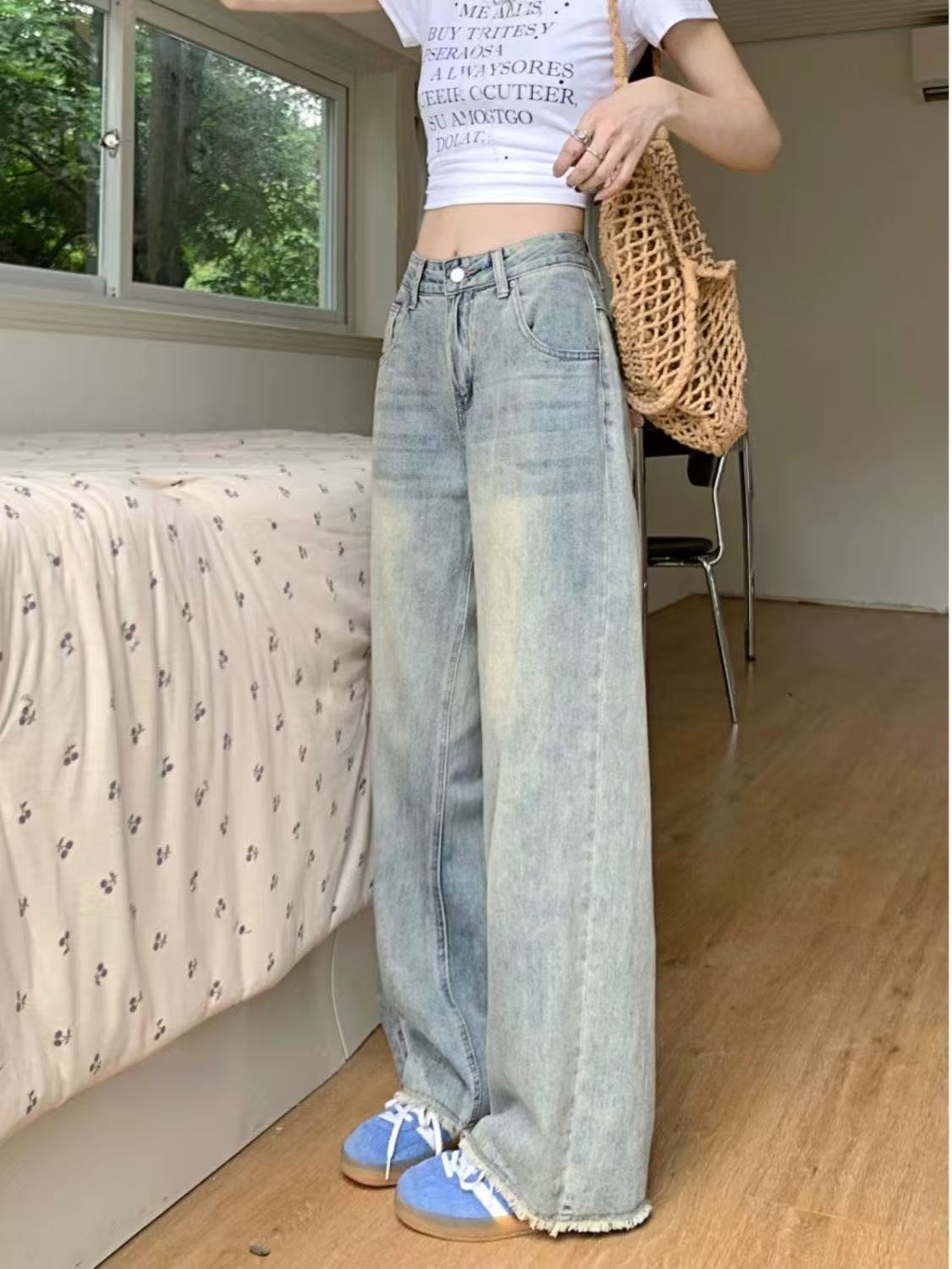 复古蓝阔腿牛仔裤女2025春季新款高腰宽松毛边小个子拖地直筒裤子