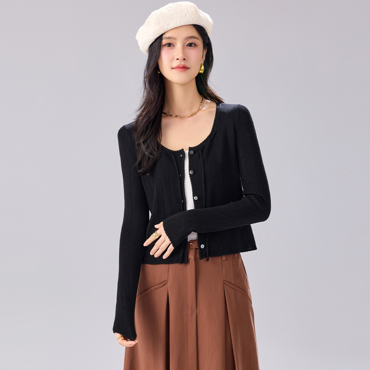 金菊 秋冬小开衫【绵羊毛】2025新款镂空纽扣清新女式羊毛衫