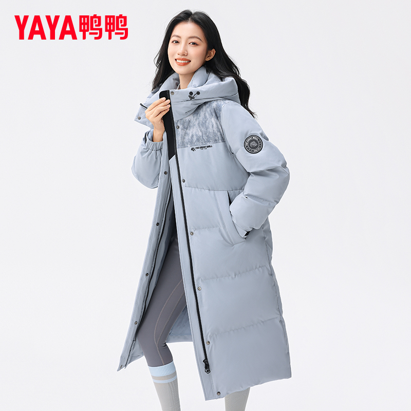 鸭鸭中长款羽绒服女2025冬季新款修身保暖加厚时尚潮流连帽外套