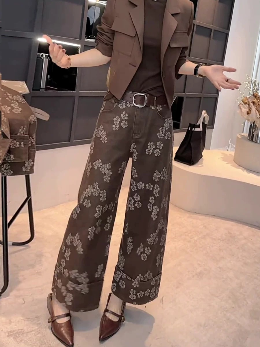 K0333提花裤牛仔裤宽松秋季奶茶系百搭无弹韩版外穿