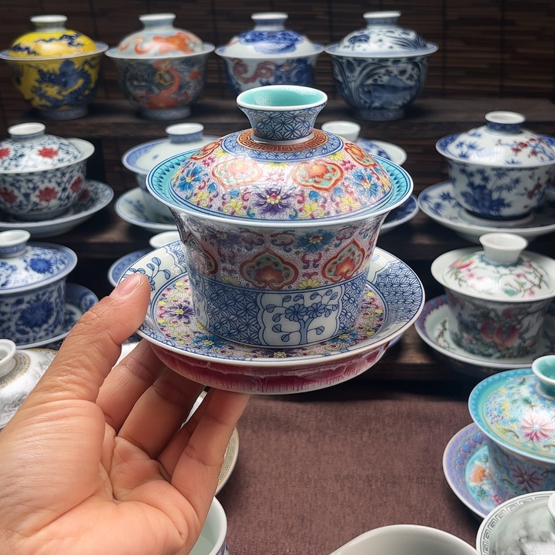 摆件陶景德镇陶瓷三才盖碗