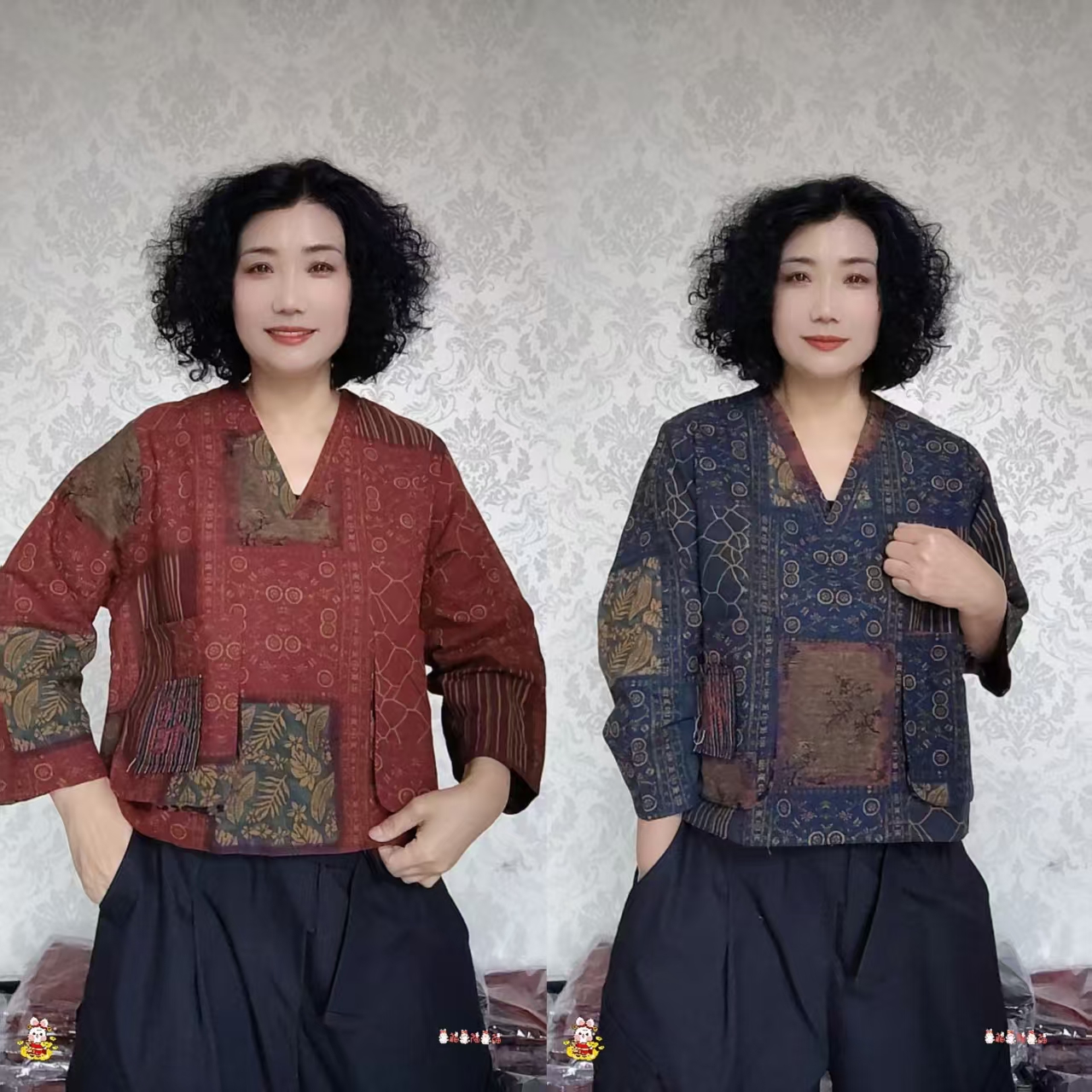 宽松时尚短款棉麻印花上衣