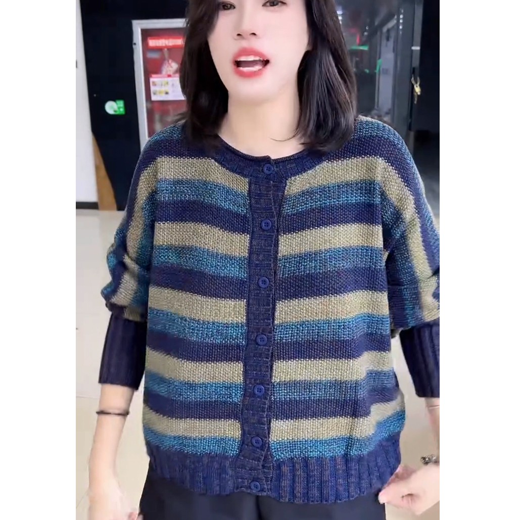 复古文艺彩线条纹针织开衫女秋冬季新款时尚百搭宽松显瘦洋气长袖