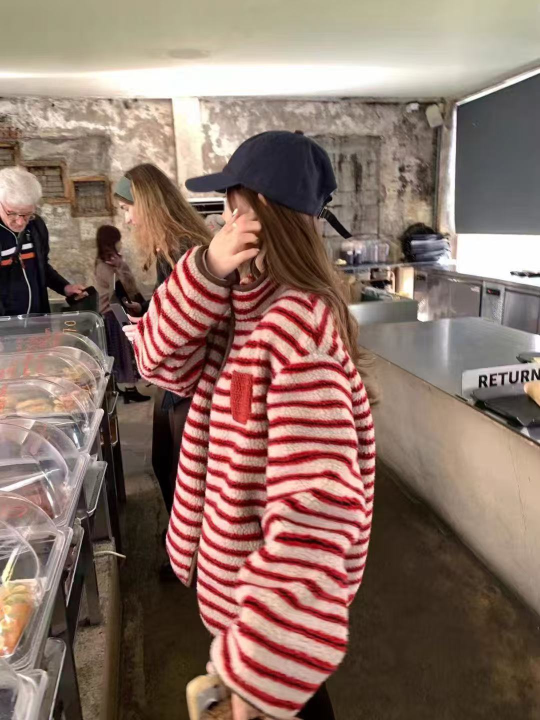 【莓莓榛子】韩国单！条纹拼接摇粒绒立领外套