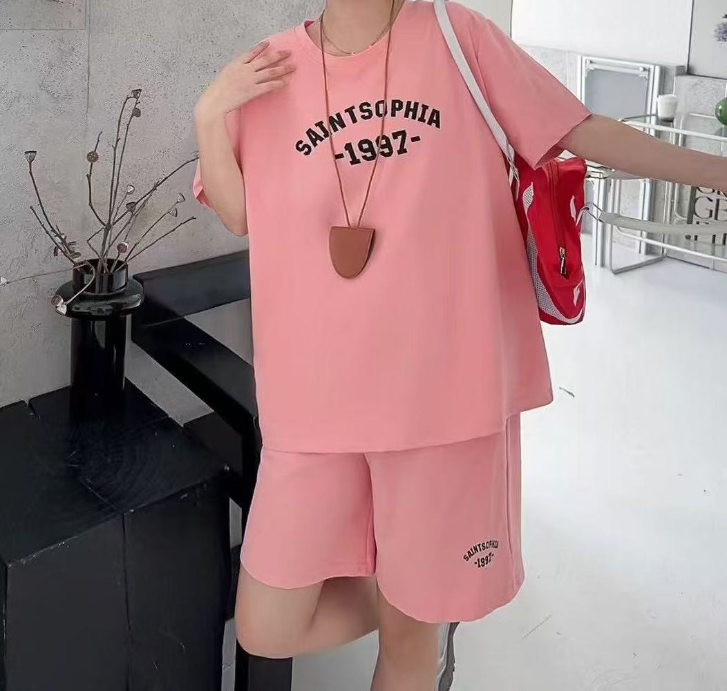 B995粉SA97英文数字短袖运动套装