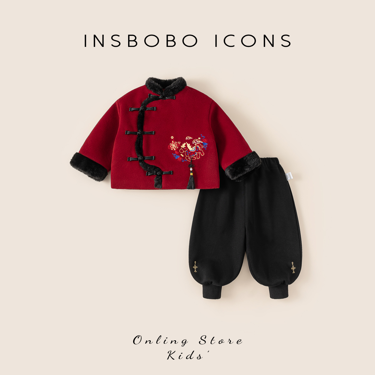 INSbobo儿童套装盘扣动物卡通刺绣上衣松紧腰束脚长裤潮DT85220A