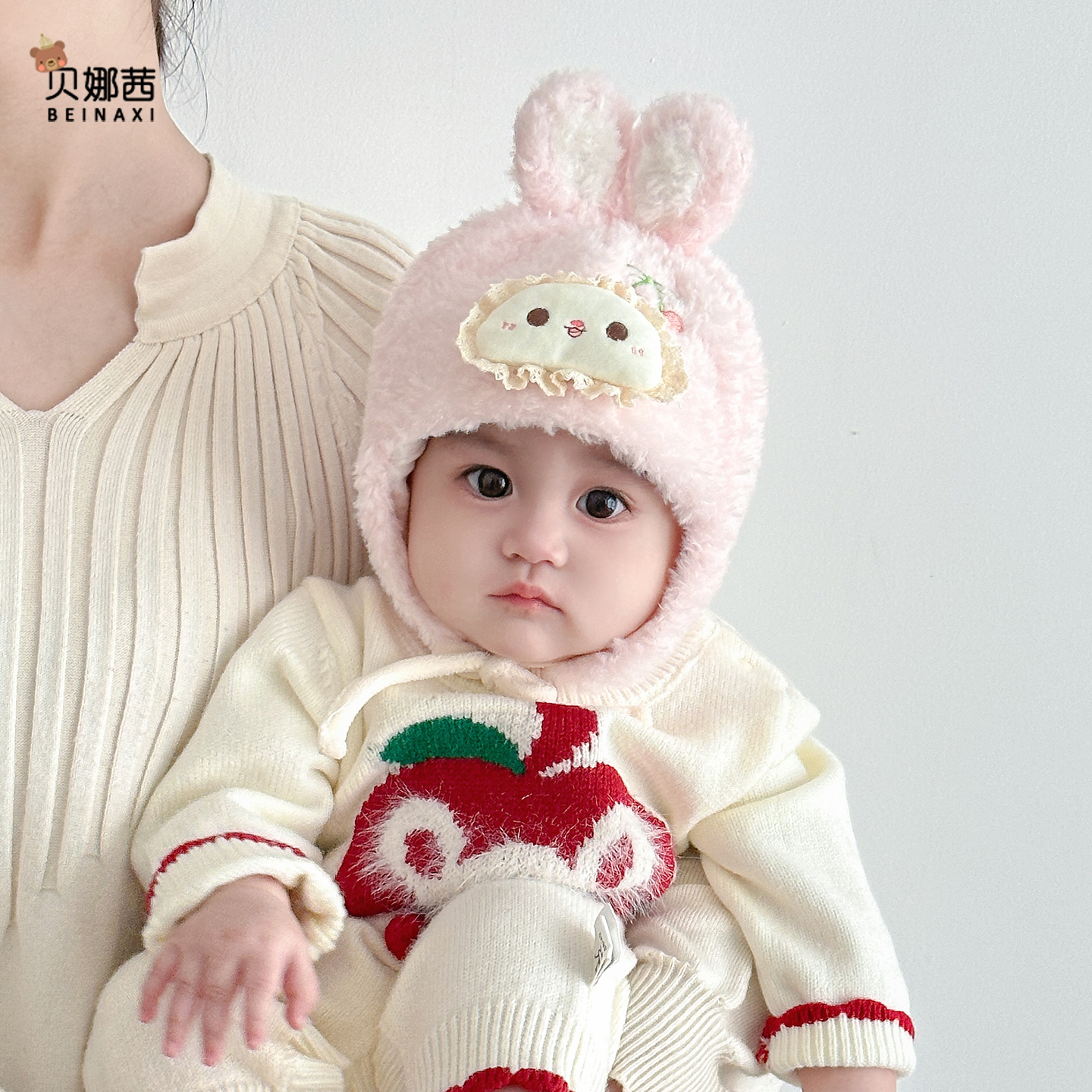 Beinaqian/贝娜茜婴儿帽子秋冬宝宝女婴幼儿冬季毛绒帽外出护耳帽