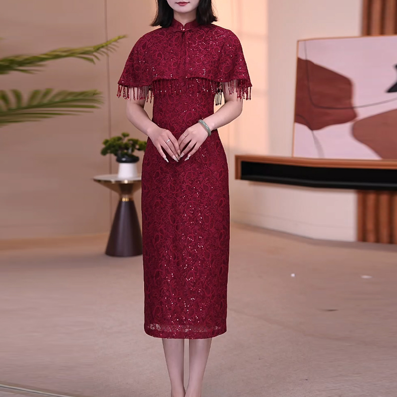 酒红色蕾丝披肩旗袍连衣裙2025年夏季优雅气质喜婆婆喜妈妈2558