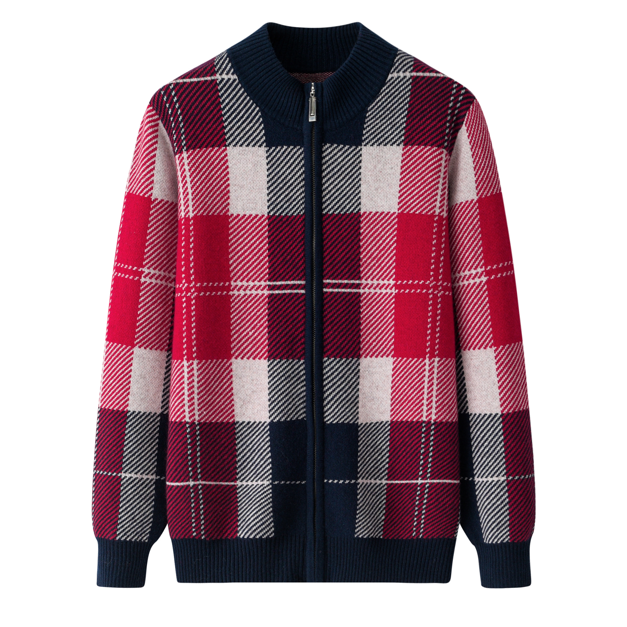 加厚方格妈妈半高领拉链开衫时尚休闲