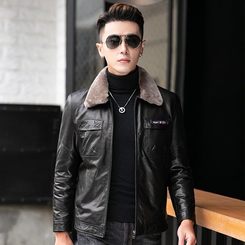 19822-1 YZX头层山羊皮羊毛翻领羽绒休闲海宁真皮皮衣修身男外套