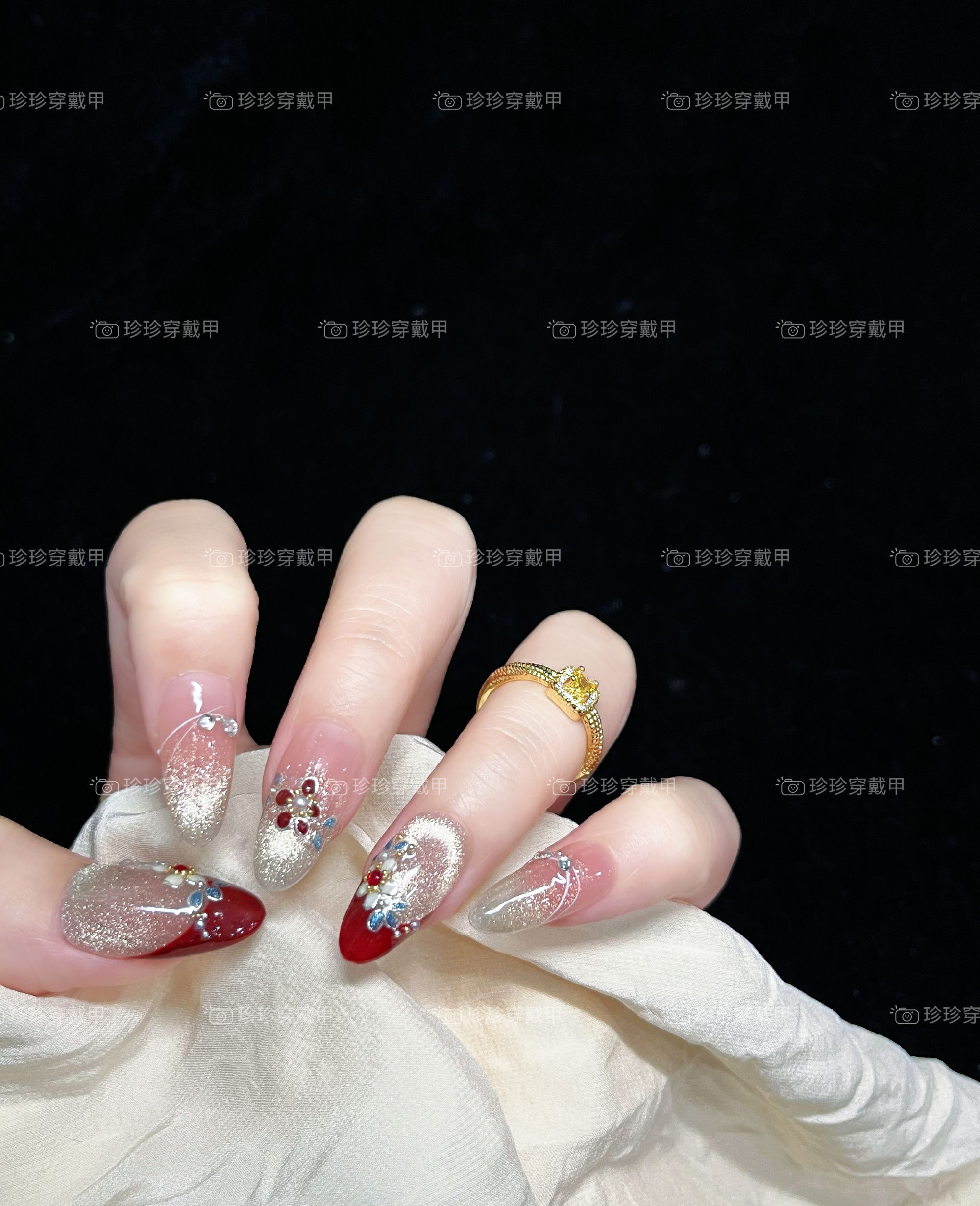【凌霄花】珍珍手工穿戴甲新中式红法式猫眼彩绘珐琅花卉美甲贴片