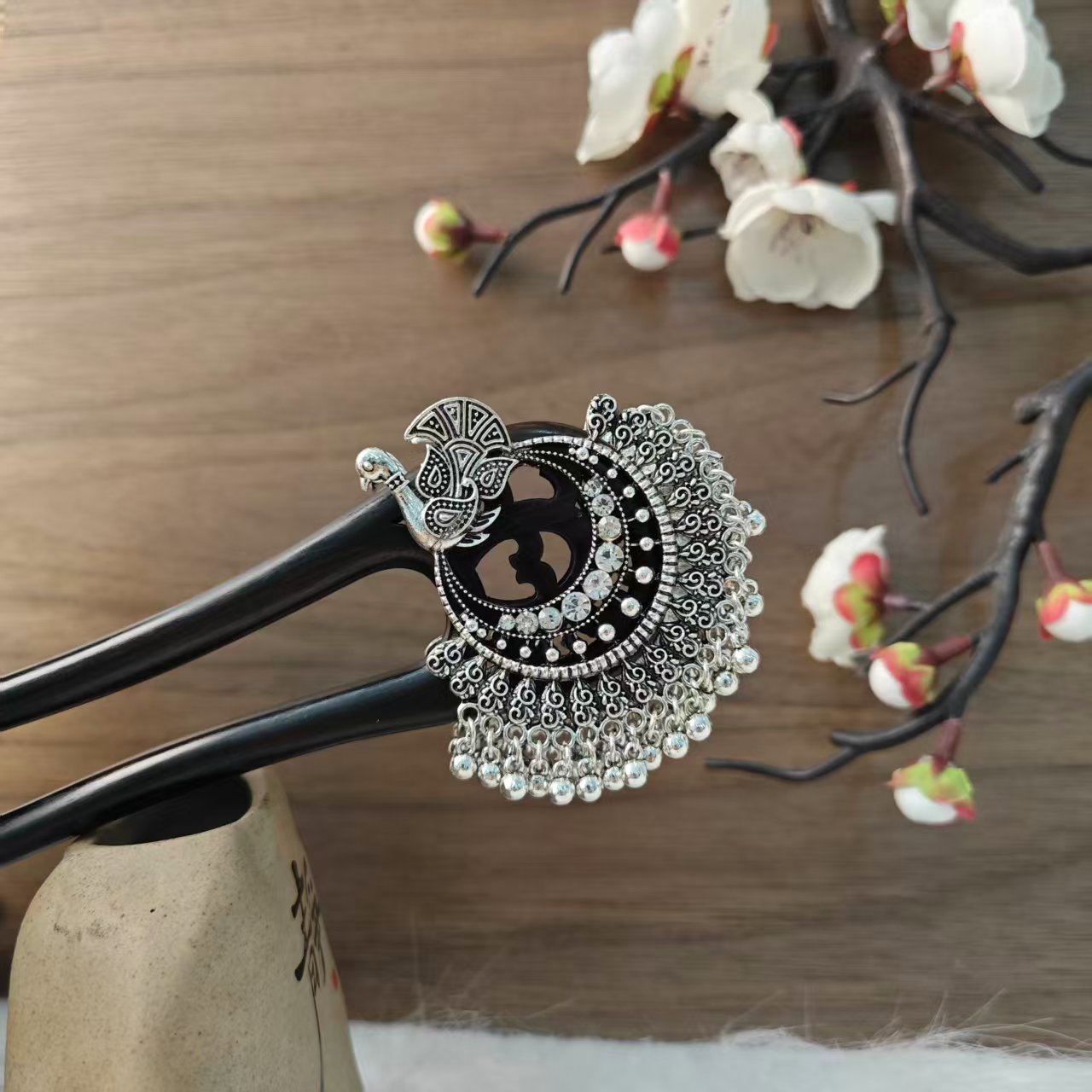 炑歌K70银色孔雀15公分双钗发簪手工头饰发饰中式国风发簪