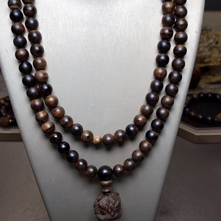 沉香手串越南芽庄帝王紫棋瘤疤0.8+芽庄白棋醒狮沉香木雕