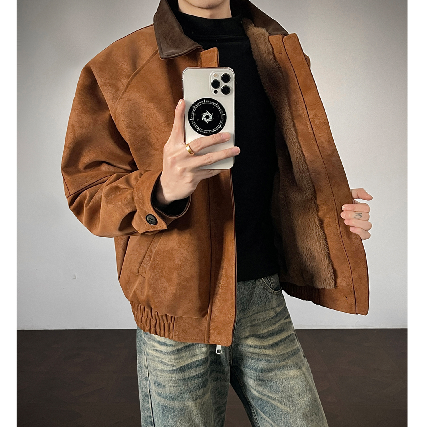 美拉德加绒加厚翻领夹克男潮牌撞色痞帅休闲外套秋冬宽松百搭棉服