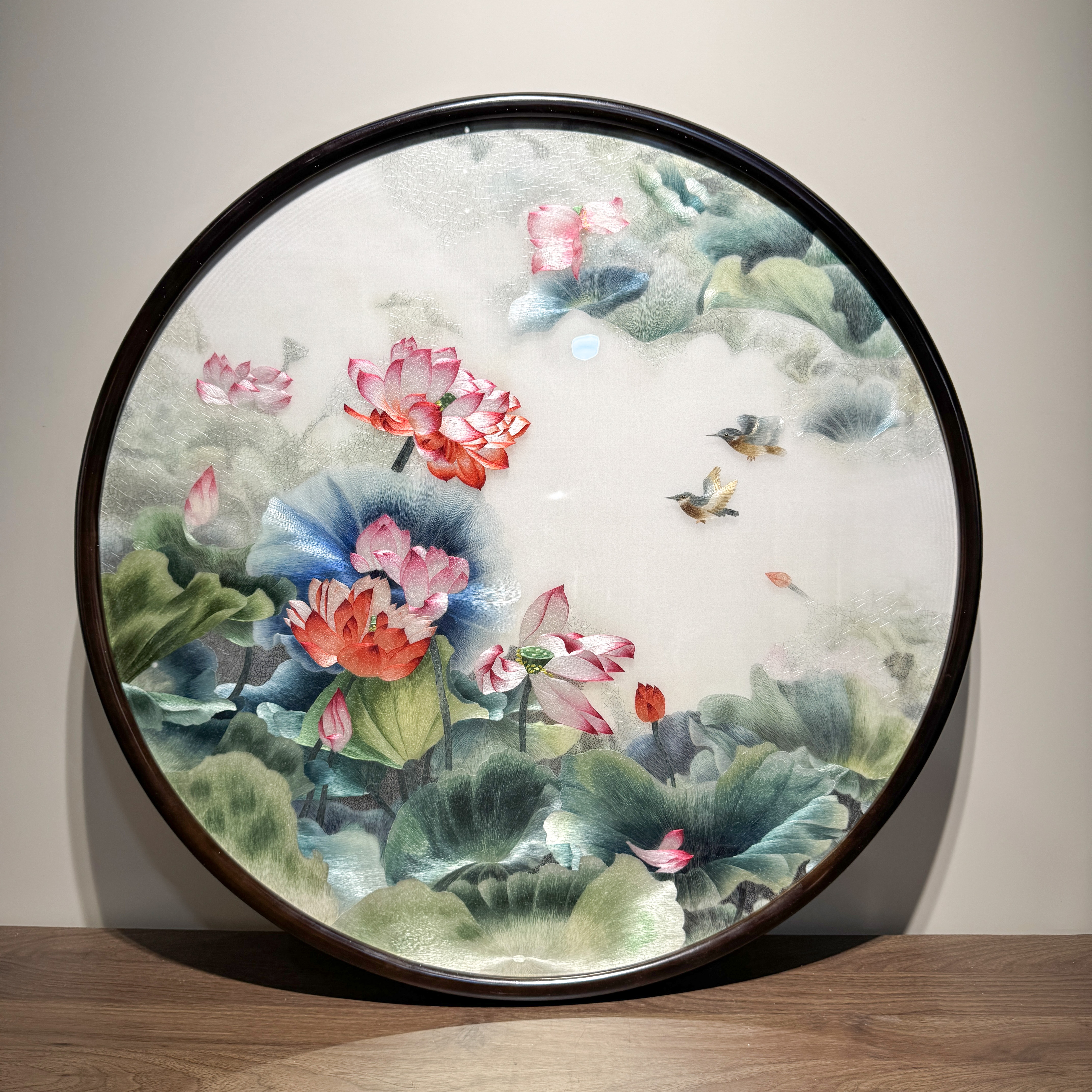 【荷花翠鸟】纯手工刺绣苏绣2-3丝高档玄关走廊新中式画芯80*80cm