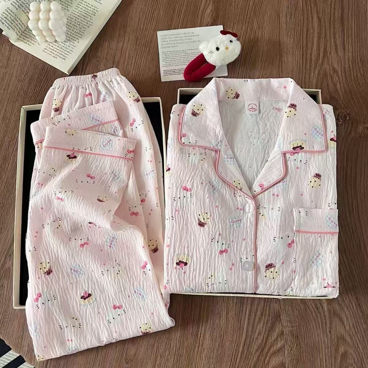 睡衣可爱长袖套装家居服套装冬季薄款翻领春夏