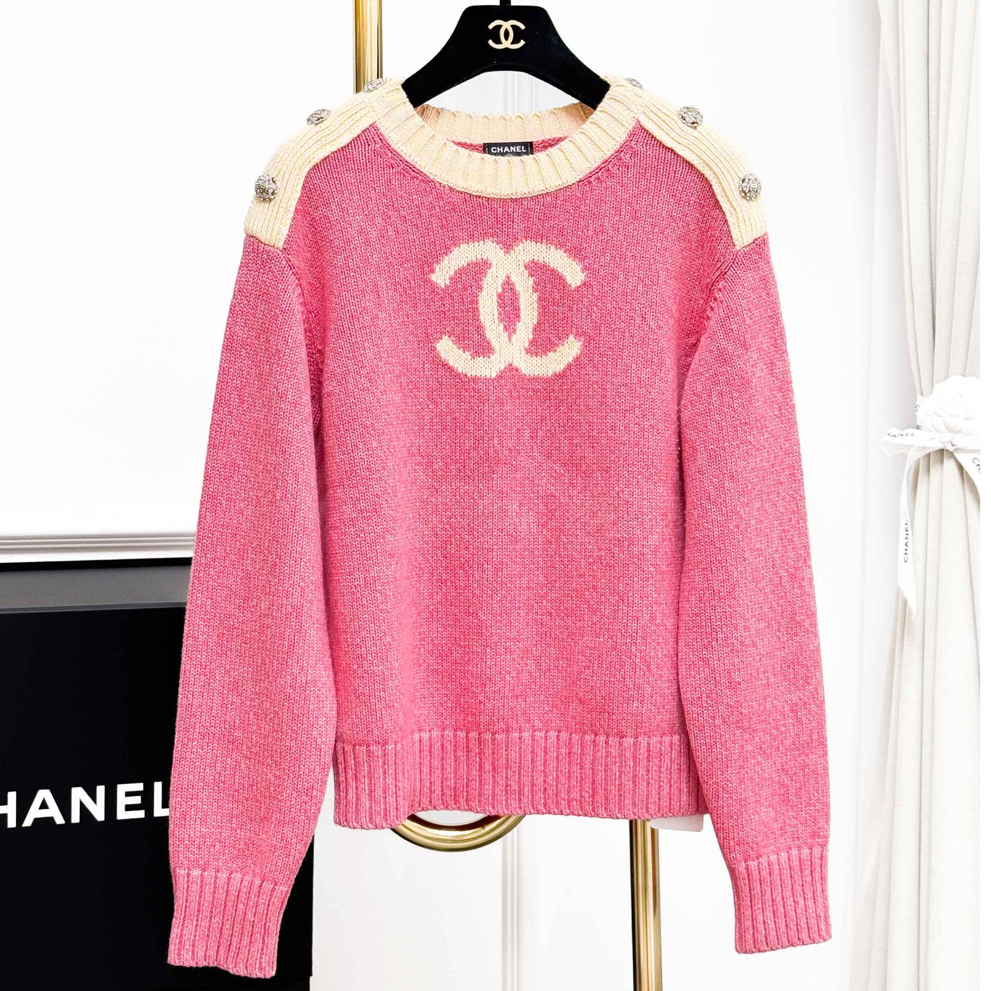 99新 Chanel/香奈儿 36码22K粉色拼黄色双C提花长袖针织上衣