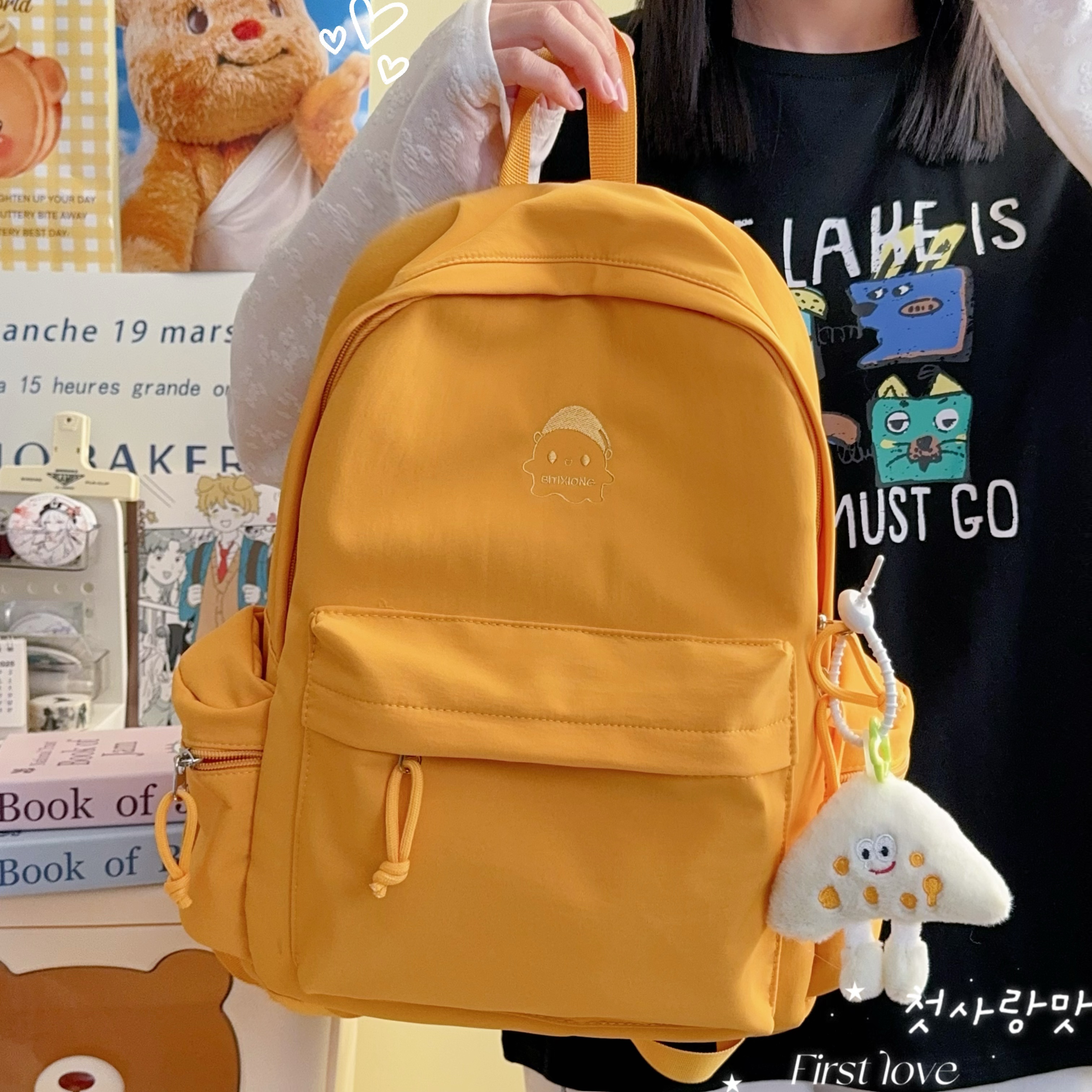 书包初中生女纯色刺绣大容量双肩包高中女生大学生简约风女孩背包