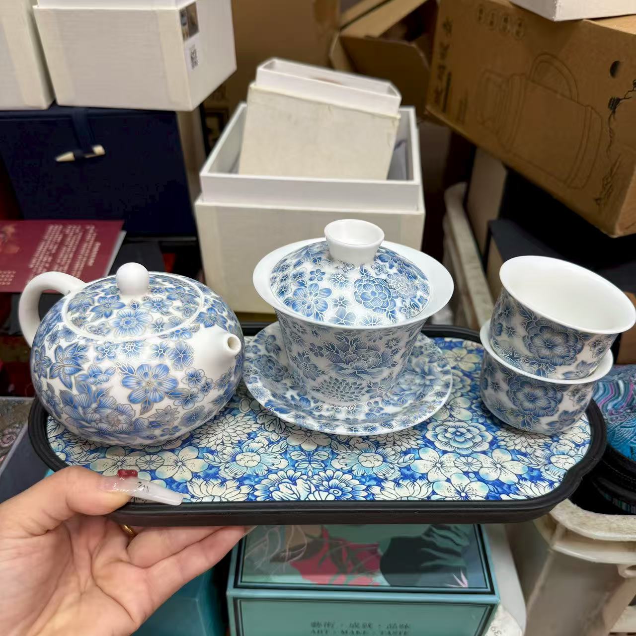 5店【闪购商品】羊脂玉瓷青花一壶两杯加茶盘 BB025