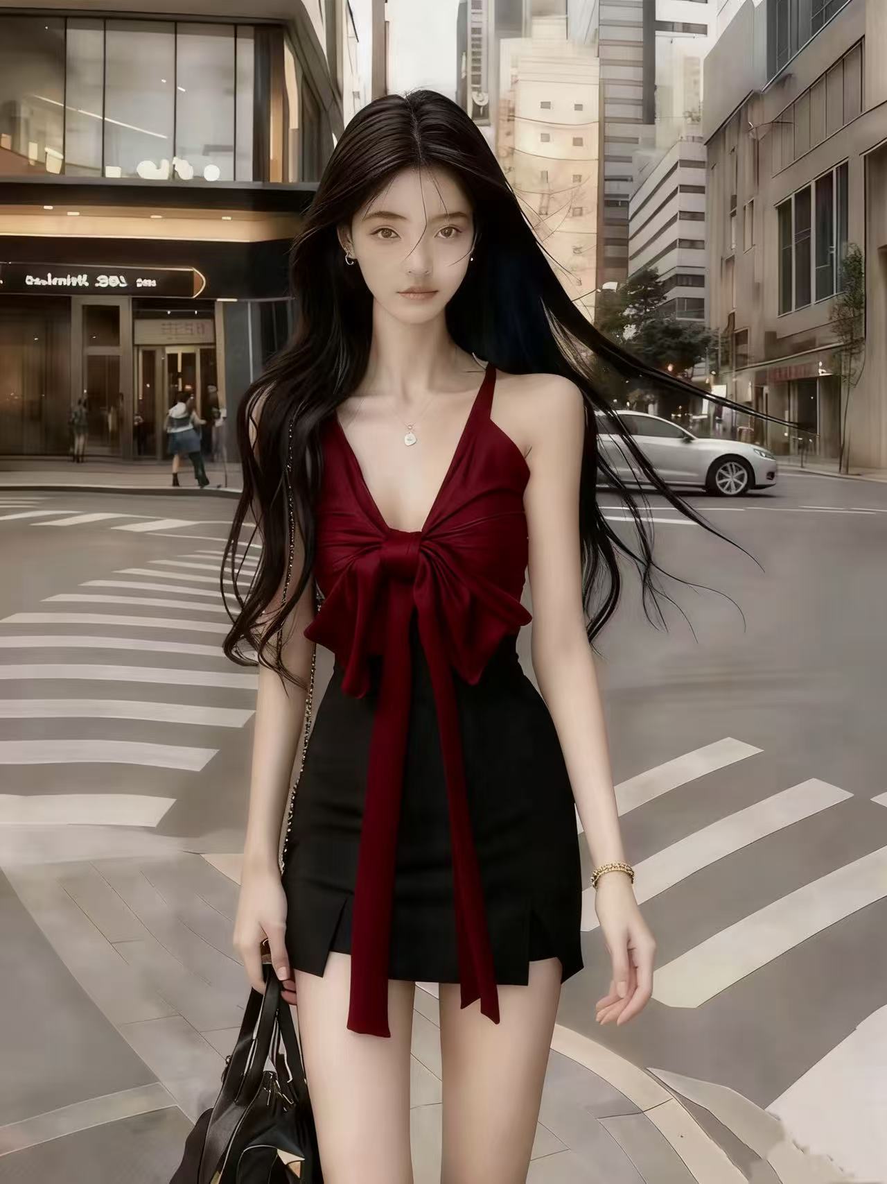 韩版时尚气质名媛辣妹风酒红撞色无袖V领挂脖修身高腰包臀连衣裙