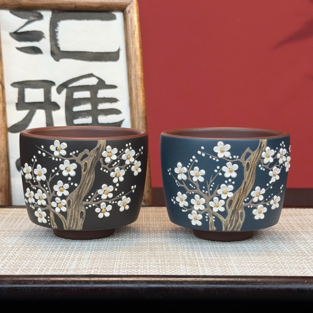 宜兴原矿紫砂紫泥主人杯手工粉浆泥绘梅花品茗杯对杯家用茶器