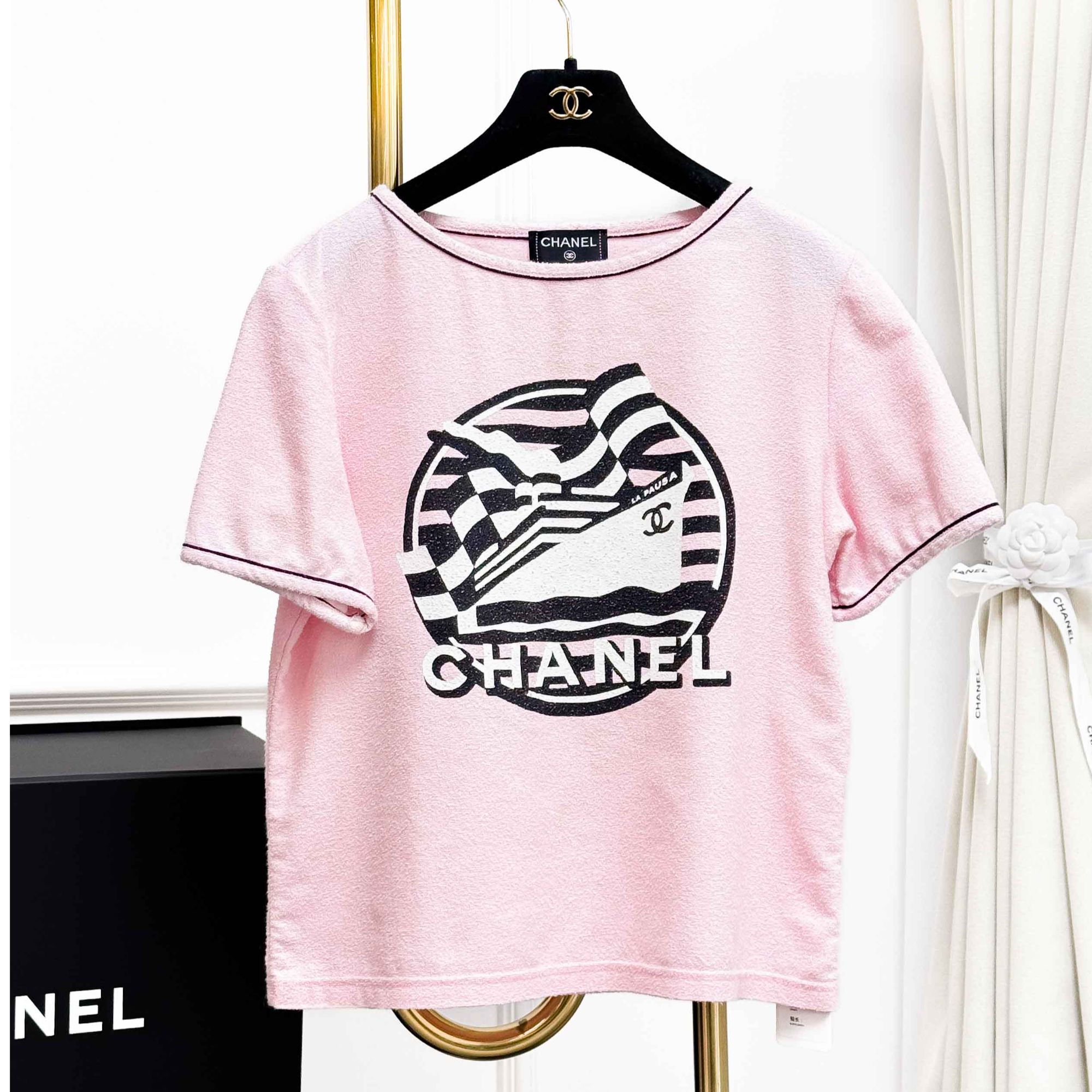99新 Chanel/香奈儿 36码 粉色拼黑白色 帆船图案 短袖 上衣