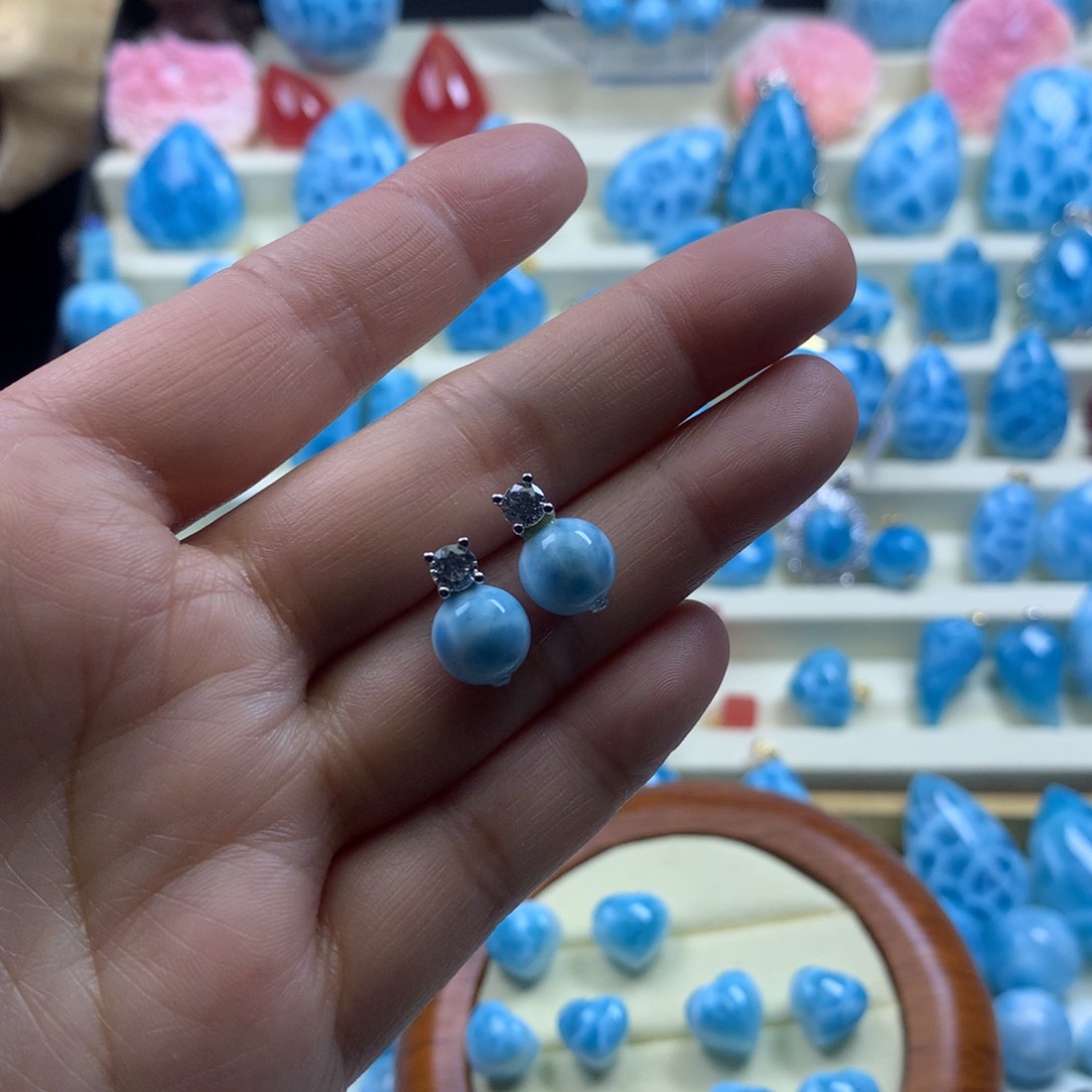 针钠钙石（海纹石）耳饰银S925镶嵌李*一