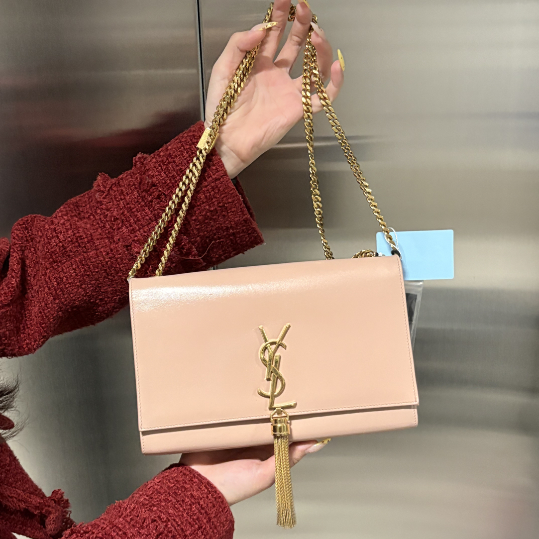 95新 YSL/圣罗兰 九成新奶茶金流苏链条单肩斜挎包白色