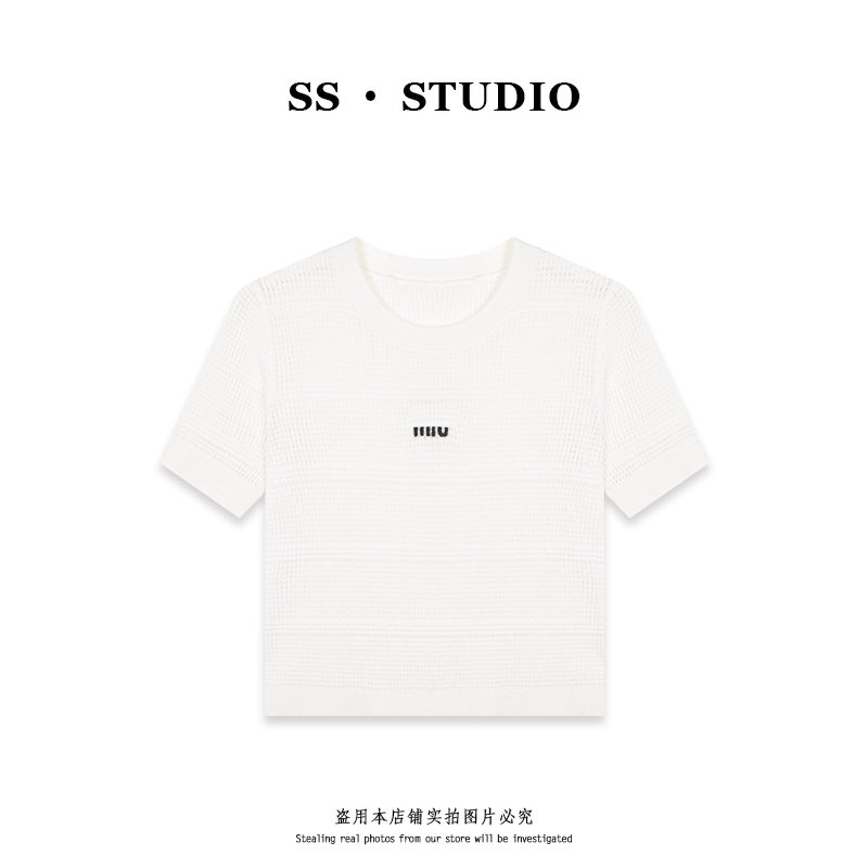 【SUSU】简约休闲百搭镂空圆领针织罩衫宽松短袖上衣SS-5401